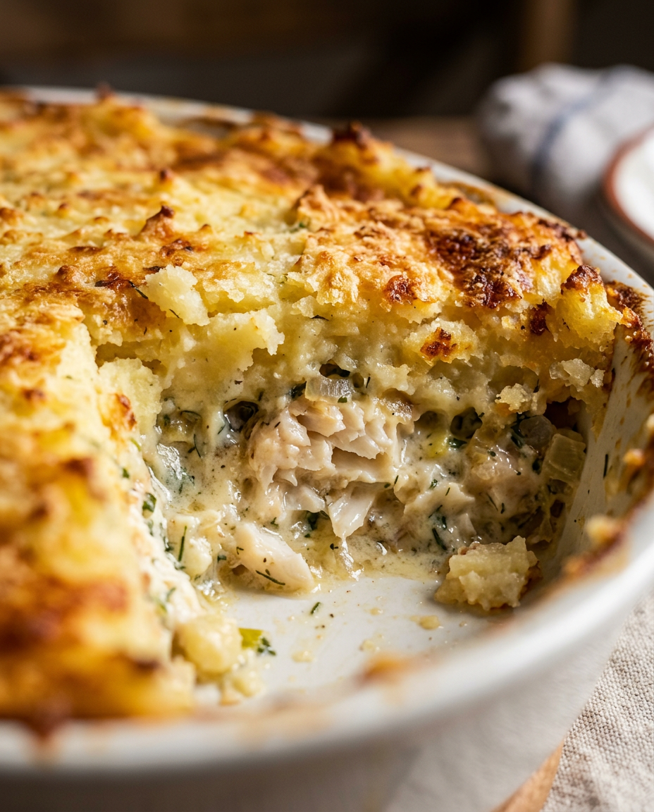 Close-up showing the texture and inside of Easy French Fish Pie Recipe