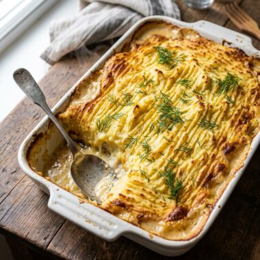 Golden French fish pie with creamy potato topping and bubbling fish filling in white baking dish