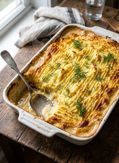 Golden French fish pie with creamy potato topping and bubbling fish filling in white baking dish