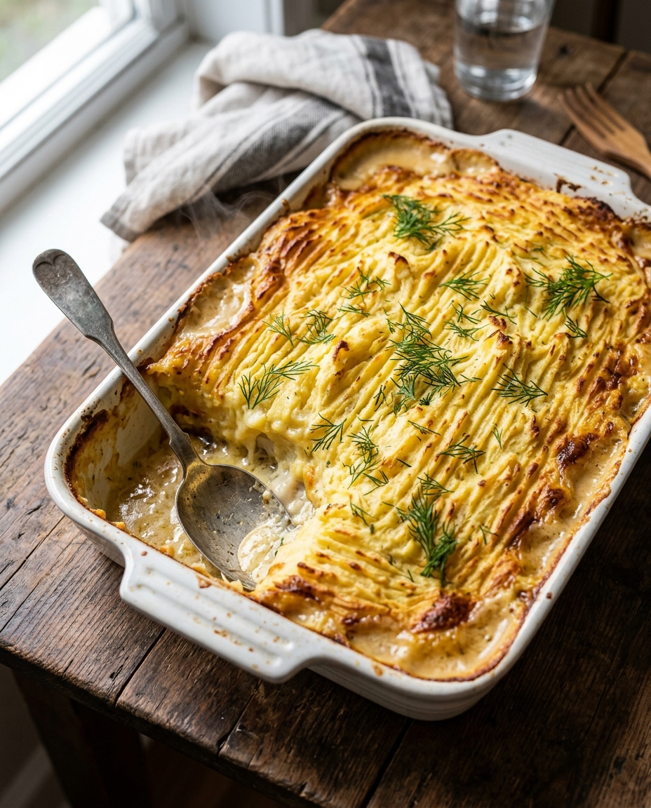 Golden French fish pie with creamy potato topping and bubbling fish filling in white baking dish
