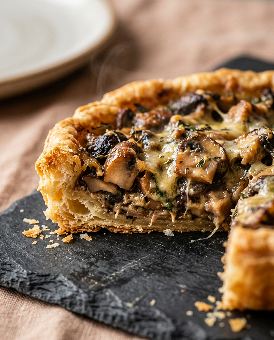 Close-up showing the texture and inside of Easy French Mushroom Tart Recipe - Buttery Pastry with Savory Filling