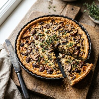 French mushroom tart with golden flaky crust and creamy mushroom filling on wooden board
