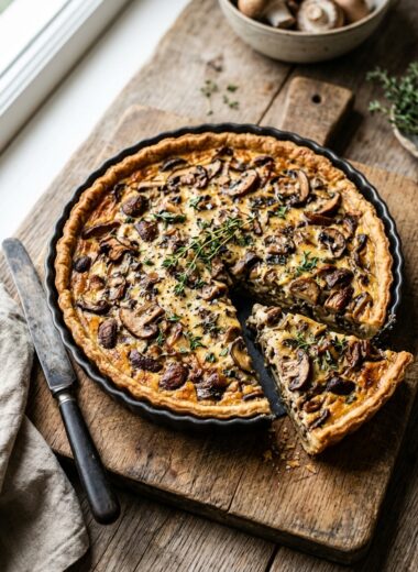 French mushroom tart with golden flaky crust and creamy mushroom filling on wooden board