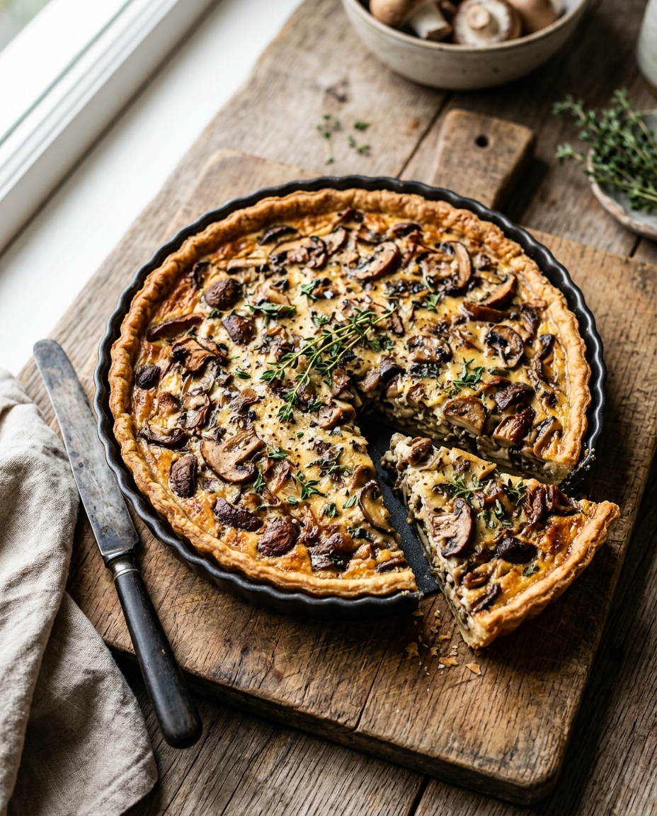 French mushroom tart with golden flaky crust and creamy mushroom filling on wooden board