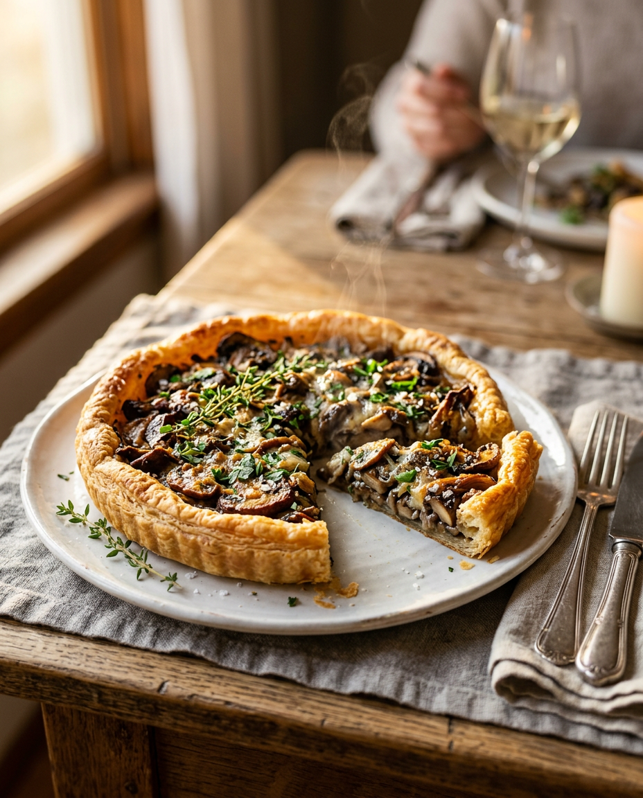 Easy French Mushroom Tart Recipe - Buttery Pastry with Savory Filling served on a plate ready to eat