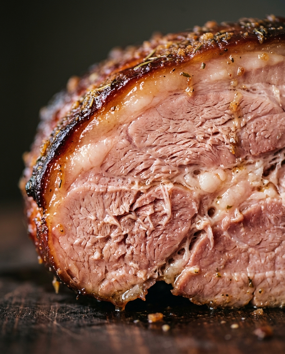 Close-up showing the texture and inside of Easy Glazed Ham Recipe