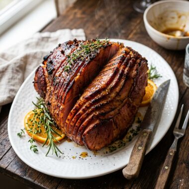 Easy glazed ham recipe with caramelized brown sugar honey glaze on serving platter