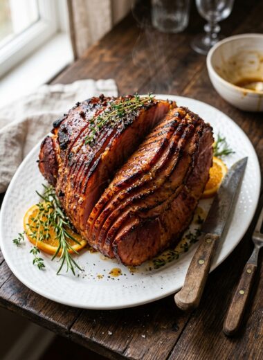 Easy glazed ham recipe with caramelized brown sugar honey glaze on serving platter