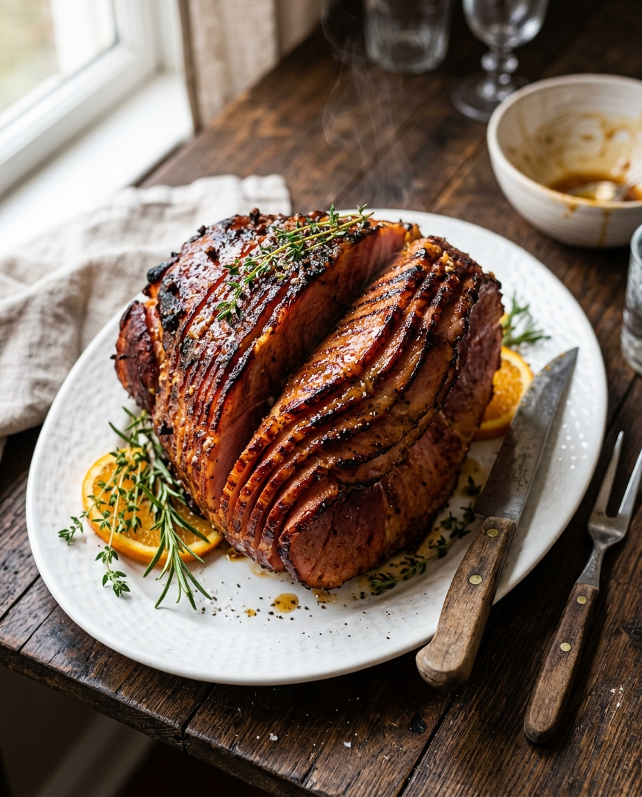 Easy glazed ham recipe with caramelized brown sugar honey glaze on serving platter