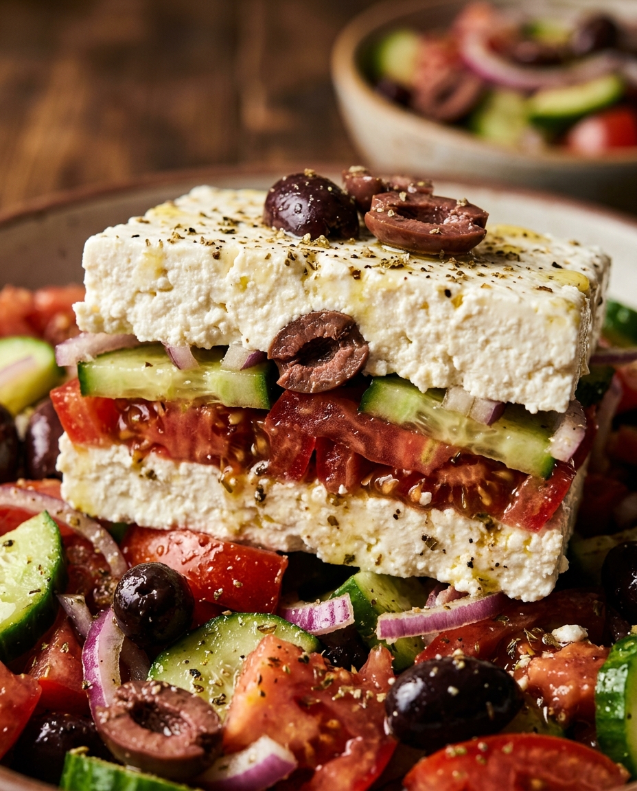 Close-up showing the texture and inside of Easy Greek Salad Recipe with Authentic Mediterranean Flavors