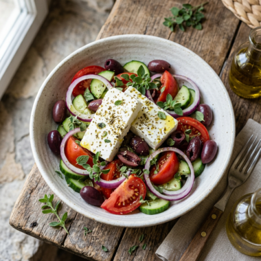 Easy Greek salad with fresh vegetables, feta cheese, and Kalamata olives in rustic bowl