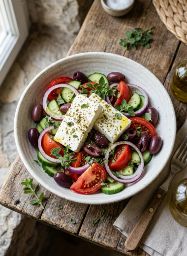 Easy Greek salad with fresh vegetables, feta cheese, and Kalamata olives in rustic bowl