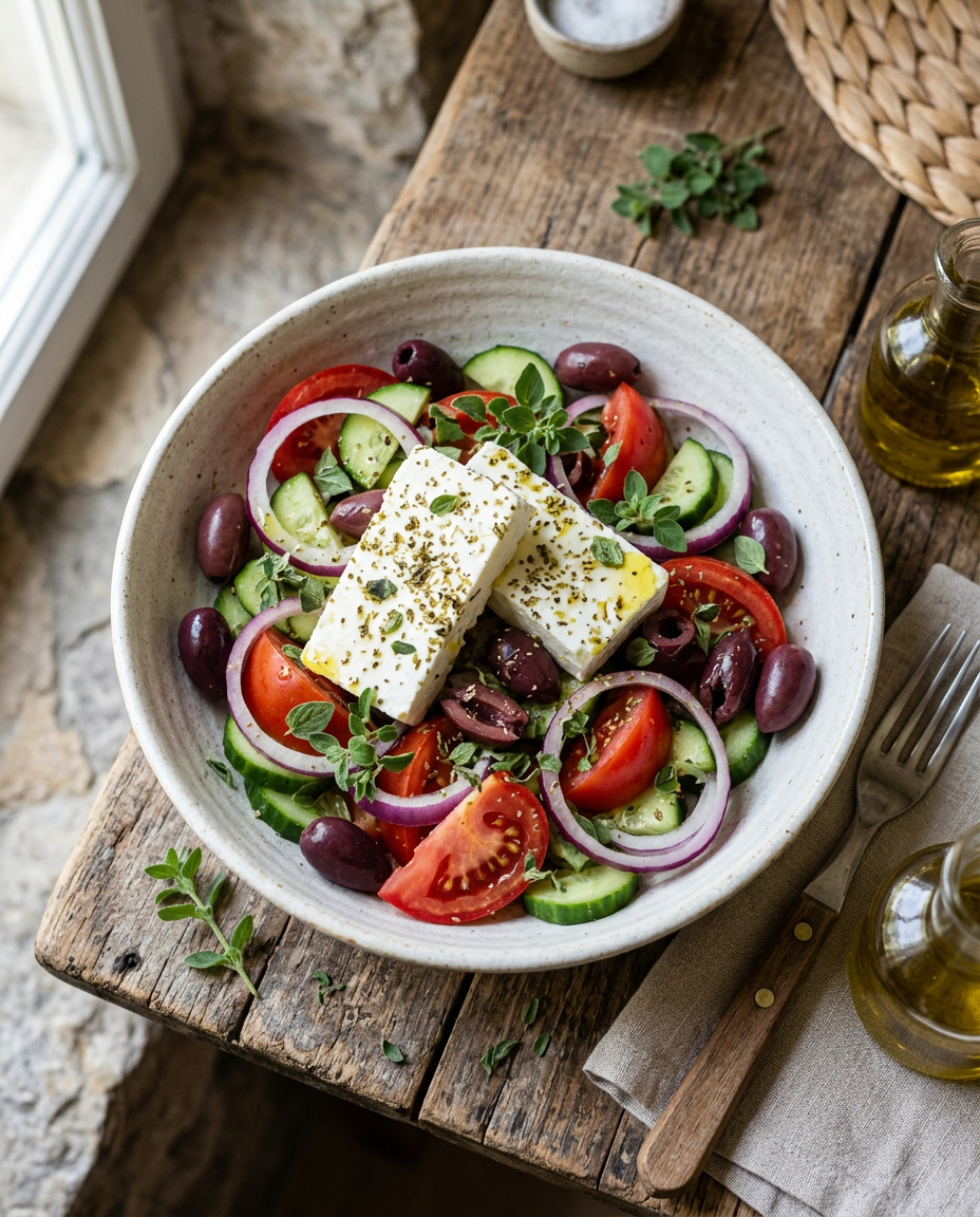 Easy Greek salad with fresh vegetables, feta cheese, and Kalamata olives in rustic bowl