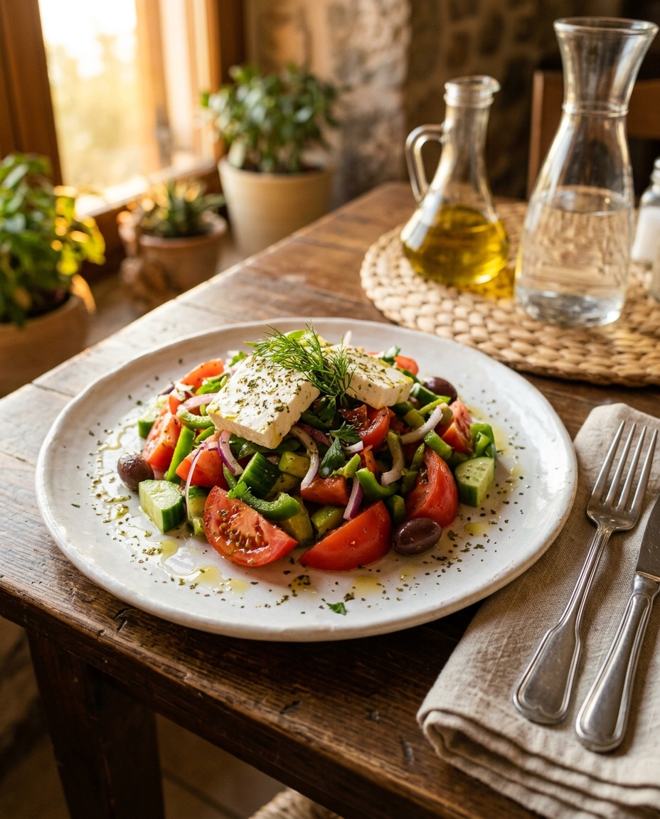 Easy Greek Salad Recipe with Authentic Mediterranean Flavors served on a plate ready to eat