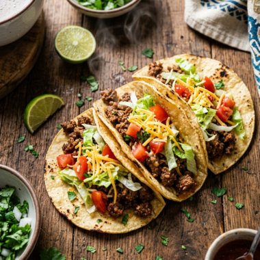 Easy ground beef tacos with seasoned meat, lettuce, tomatoes and cheese on corn tortillas