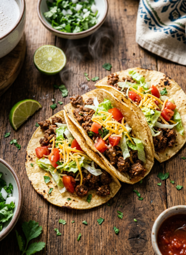 Easy ground beef tacos with seasoned meat, lettuce, tomatoes and cheese on corn tortillas