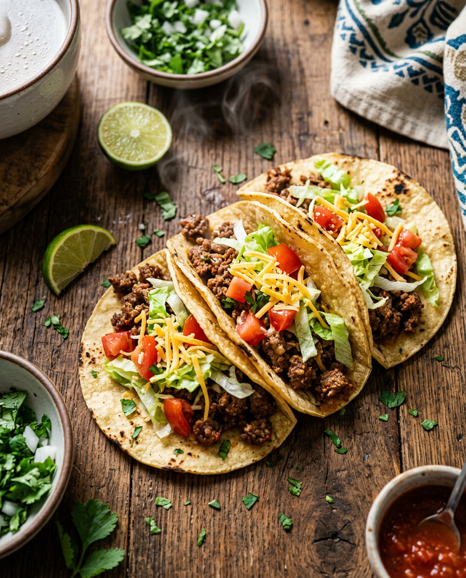 Easy ground beef tacos with seasoned meat, lettuce, tomatoes and cheese on corn tortillas