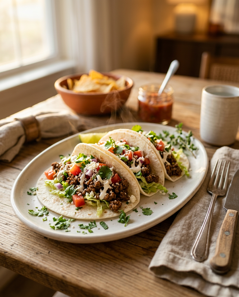 Ground Beef Tacos Recipe - Easy 20-Minute Dinner served on a plate ready to eat