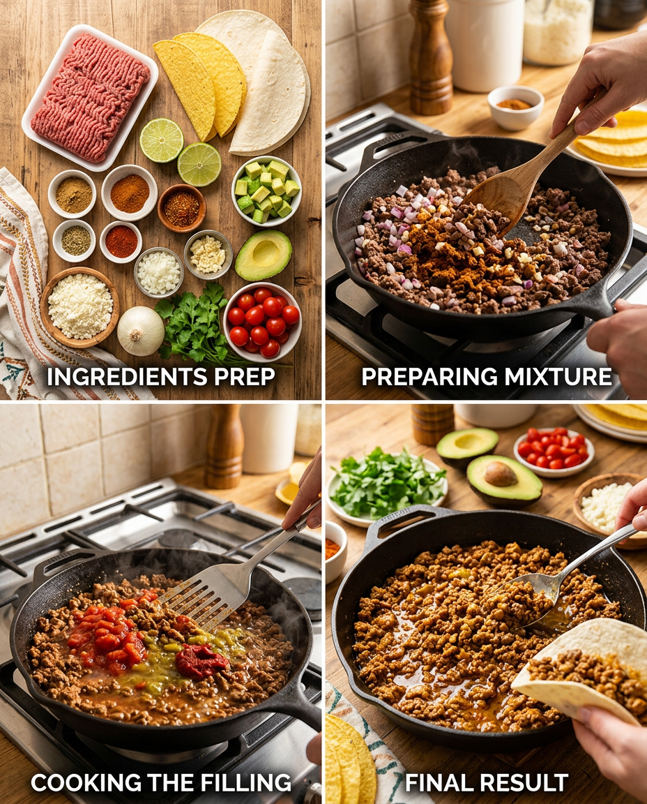 Step by step process for making Ground Beef Tacos Recipe - Easy 20-Minute Dinner