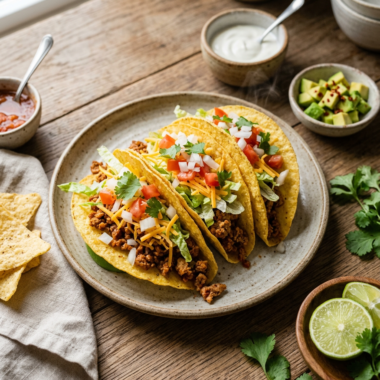 Easy ground turkey tacos with fresh toppings on wooden table, healthy weeknight dinner recipe