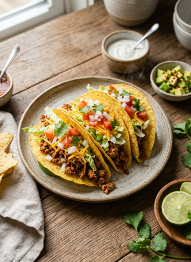 Easy ground turkey tacos with fresh toppings on wooden table, healthy weeknight dinner recipe