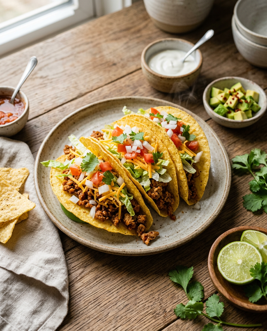 Easy ground turkey tacos with fresh toppings on wooden table, healthy weeknight dinner recipe
