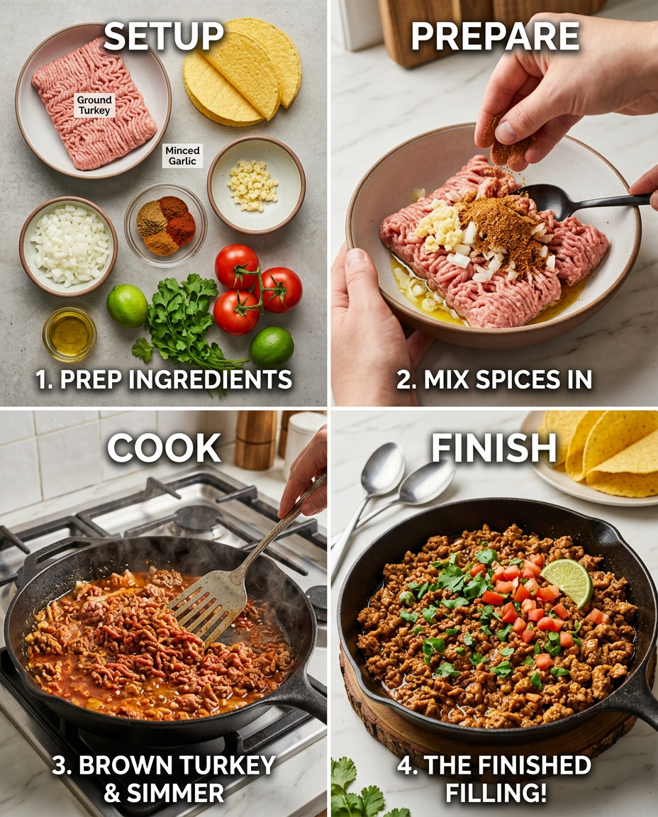 Step by step process for making Easy Ground Turkey Tacos Recipe