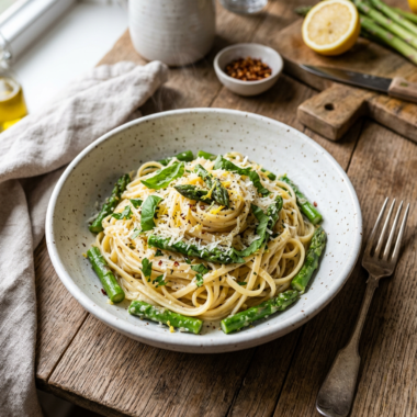 Easy lemon asparagus pasta in white bowl with fresh herbs and Parmesan cheese on rustic wood surface