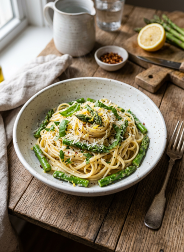 Easy lemon asparagus pasta in white bowl with fresh herbs and Parmesan cheese on rustic wood surface