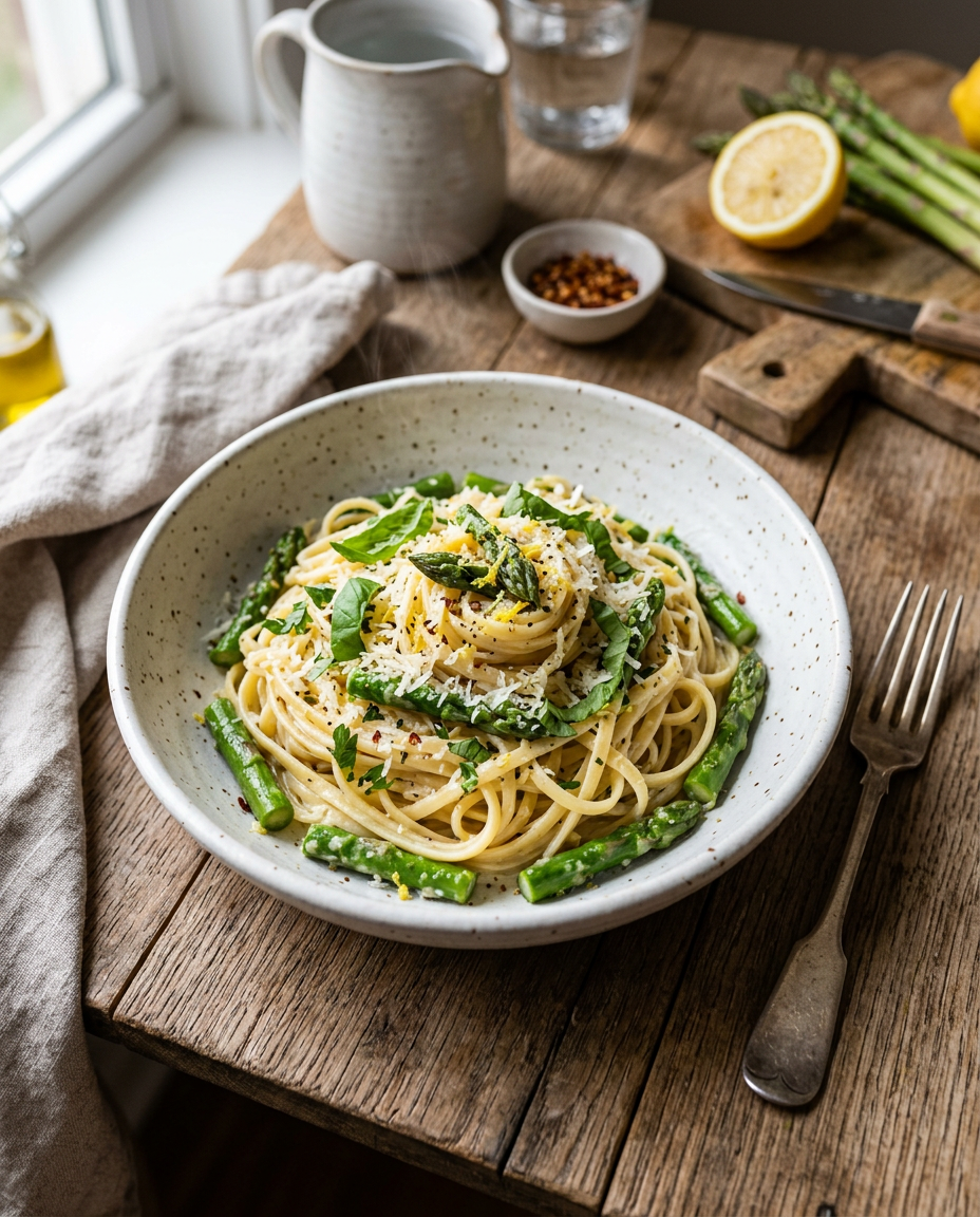 Easy lemon asparagus pasta in white bowl with fresh herbs and Parmesan cheese on rustic wood surface