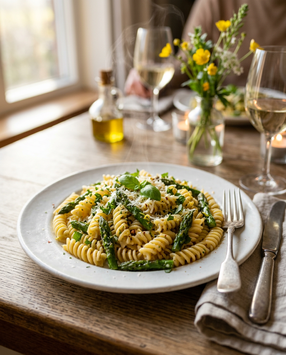 Easy Lemon Asparagus Pasta Recipe - 20-Minute Spring Dinner served on a plate ready to eat