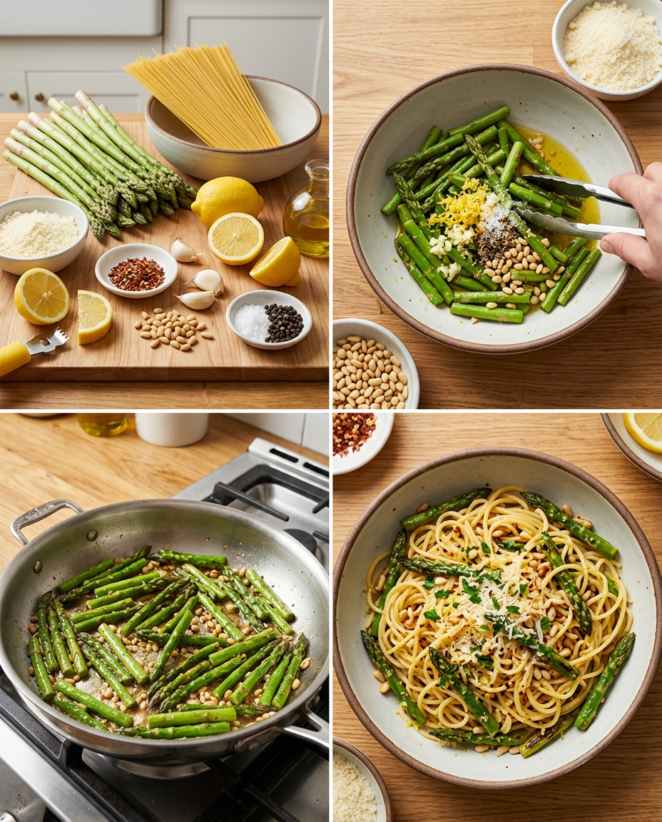 Step by step process for making Easy Lemon Asparagus Pasta Recipe - 20-Minute Spring Dinner