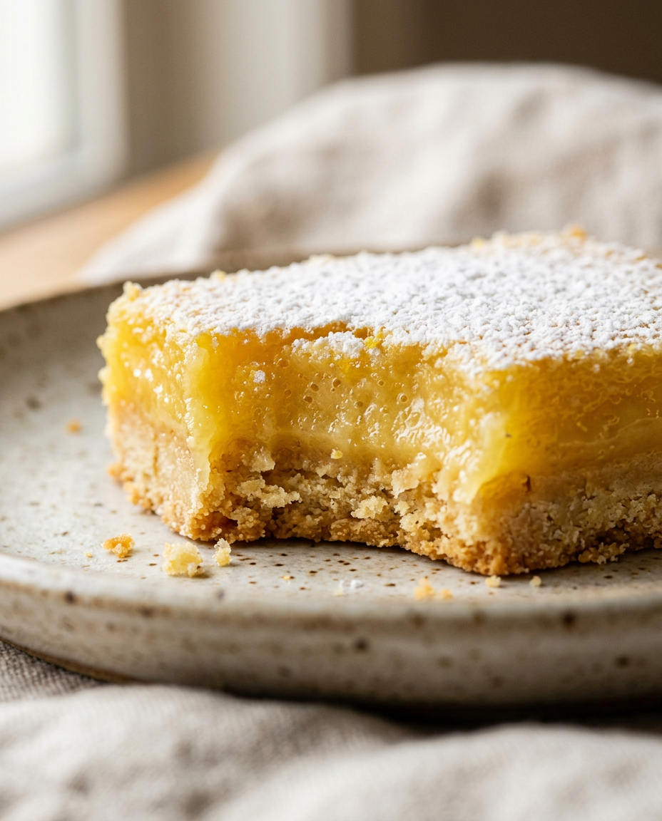 Close-up showing the texture and inside of Easy Lemon Bars Recipe