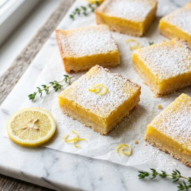 Easy lemon bars with powdered sugar dusting on marble surface showing golden lemon topping