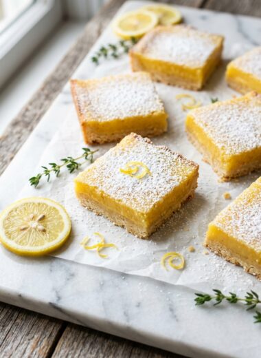 Easy lemon bars with powdered sugar dusting on marble surface showing golden lemon topping