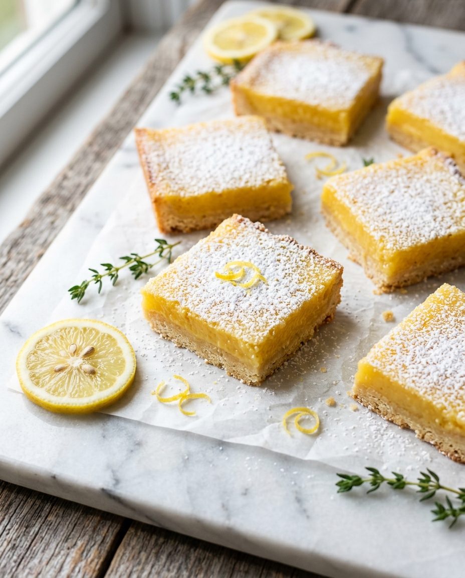 Easy lemon bars with powdered sugar dusting on marble surface showing golden lemon topping