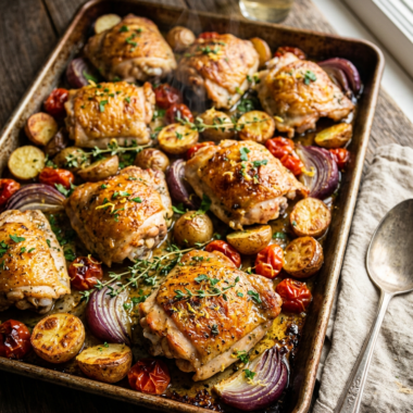 Golden crispy one pan chicken thighs with roasted vegetables on sheet pan
