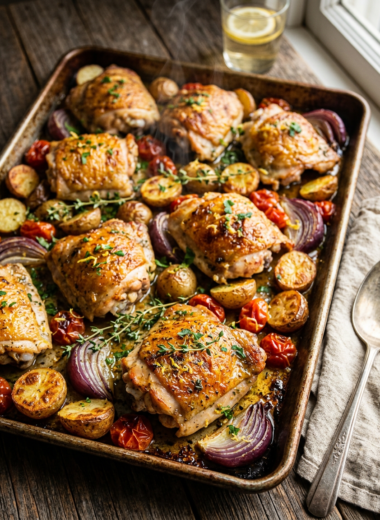 Golden crispy one pan chicken thighs with roasted vegetables on sheet pan