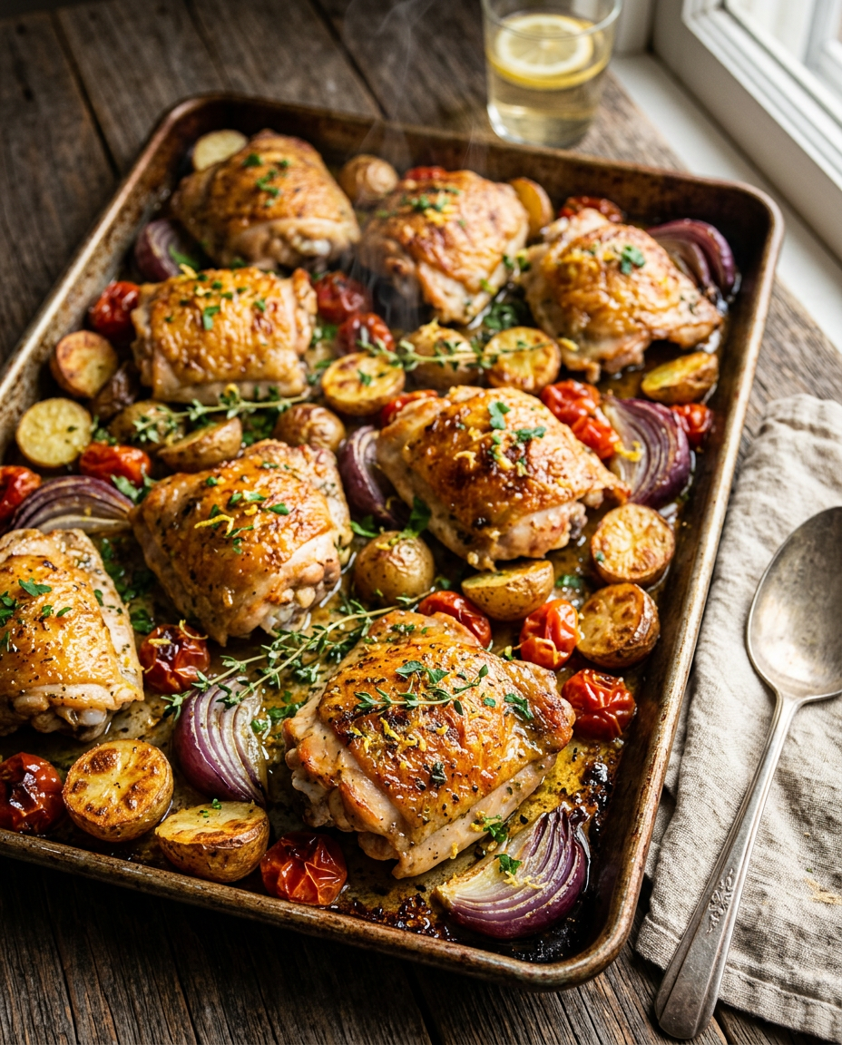 Golden crispy one pan chicken thighs with roasted vegetables on sheet pan