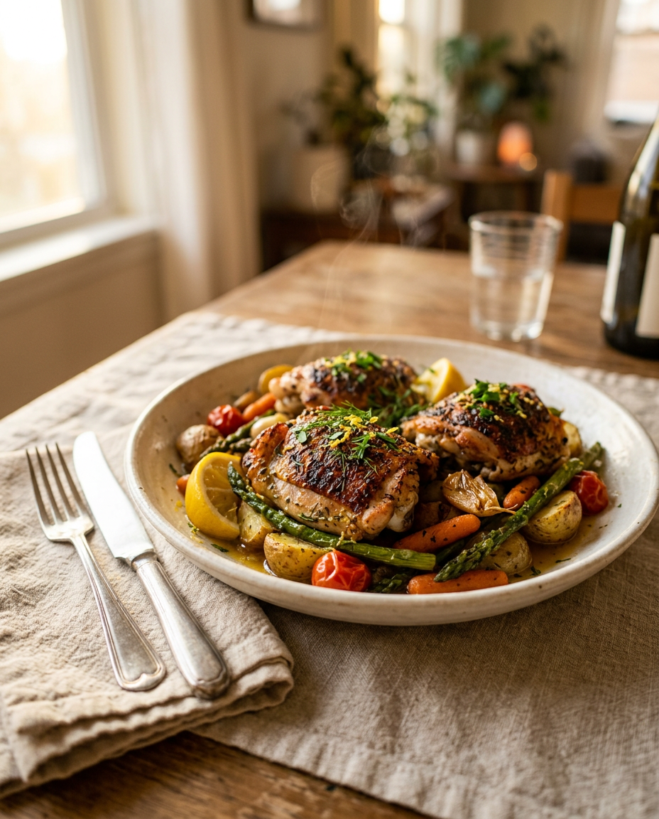 Easy One-Pan Lemon Herb Chicken Thighs served on a plate ready to eat
