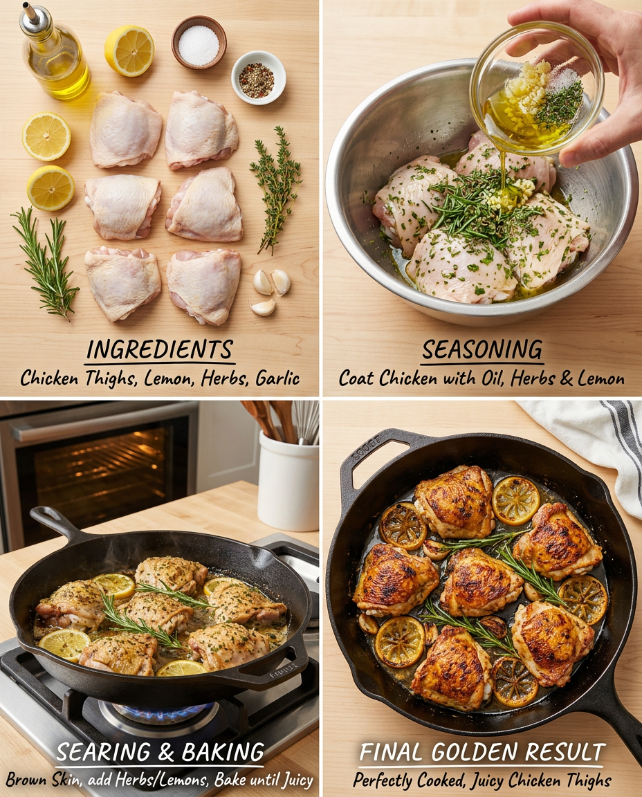 Step by step process for making Easy One-Pan Lemon Herb Chicken Thighs