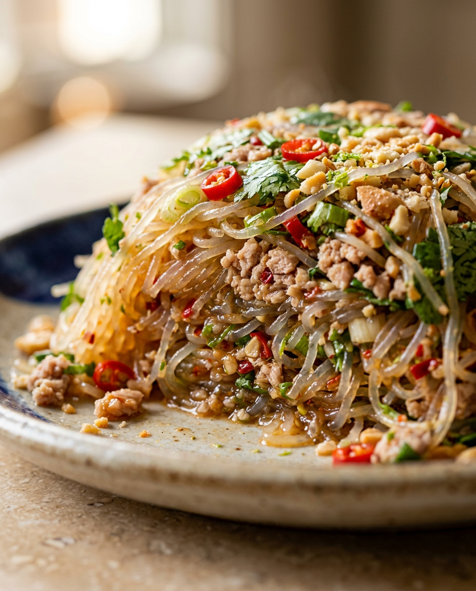 Close-up showing the texture and inside of Easy Thai Glass Noodles Recipe - 20 Minute Weeknight Dinner