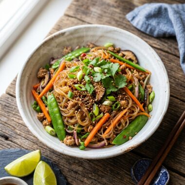 Bowl of authentic Thai pad woon sen glass noodles with vegetables and meat garnished with herbs