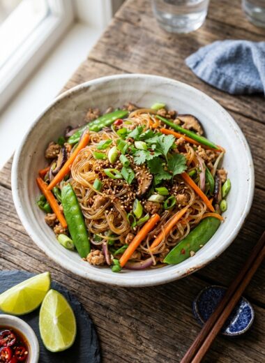 Bowl of authentic Thai pad woon sen glass noodles with vegetables and meat garnished with herbs
