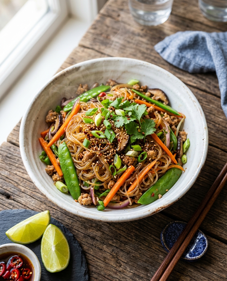 Bowl of authentic Thai pad woon sen glass noodles with vegetables and meat garnished with herbs