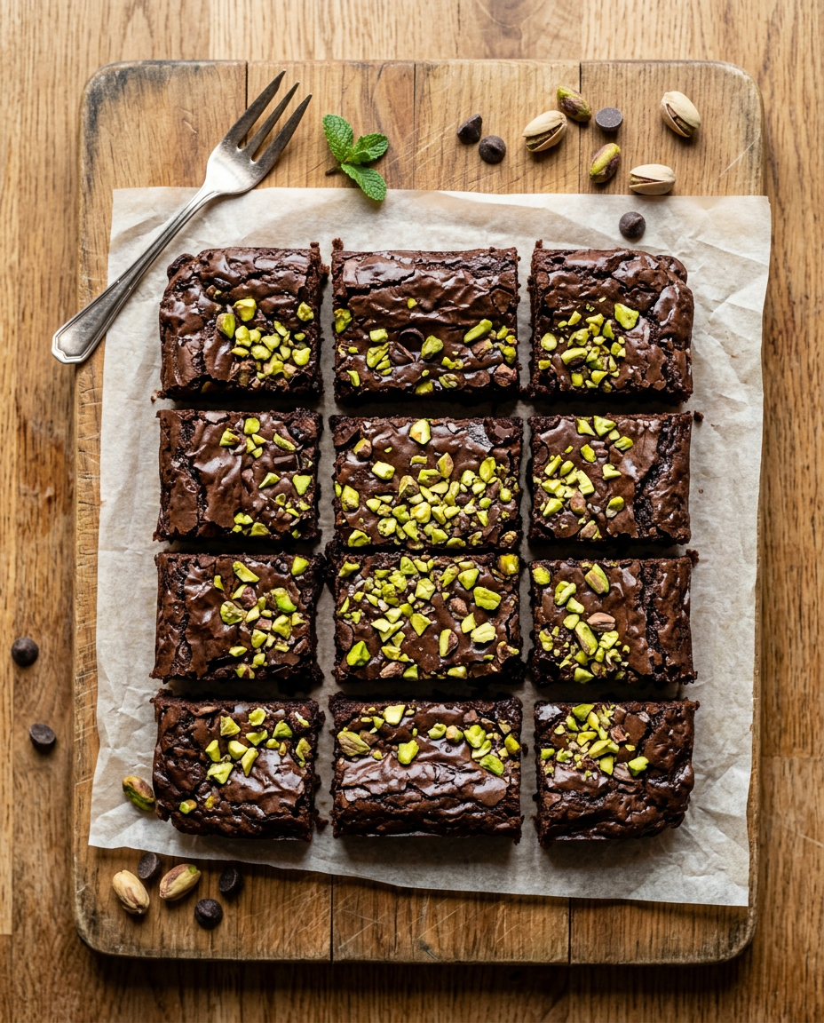 Fudgy pistachio brownies with chopped pistachios on wooden cutting board