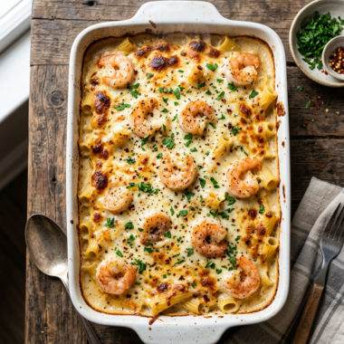 Golden-brown shrimp alfredo bake with melted cheese and tender shrimp in creamy garlic sauce