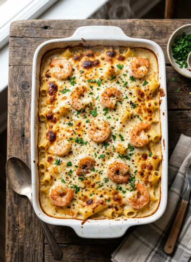 Golden-brown shrimp alfredo bake with melted cheese and tender shrimp in creamy garlic sauce