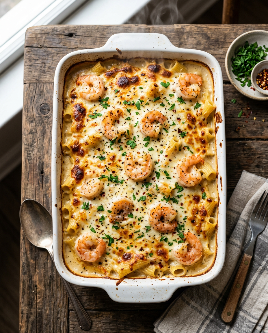 Golden-brown shrimp alfredo bake with melted cheese and tender shrimp in creamy garlic sauce