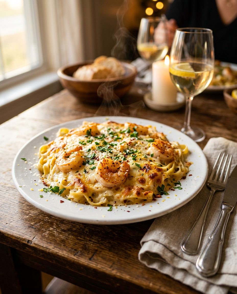 Garlicky Shrimp Alfredo Bake Recipe - 30-Minute Dinner served on a plate ready to eat